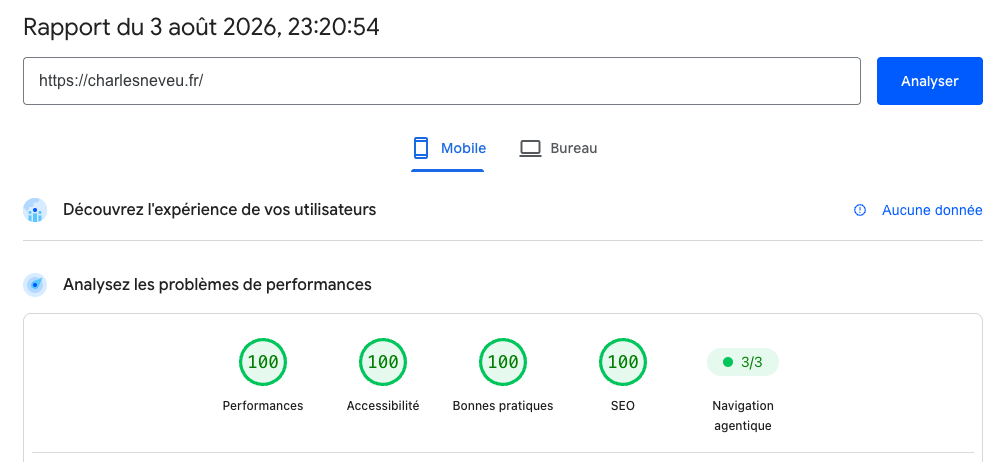 Rapport PageSpeed Insights de charlesneveu.fr : scores de 100 sur 100 en performances, accessibilité, bonnes pratiques et SEO, navigation agentique 3 sur 3